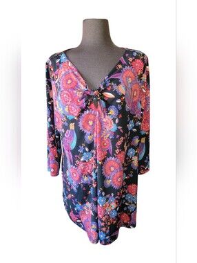 Floral Tie-Neck V-Neck Women's Top - Black with Pink & Purple Floral Print